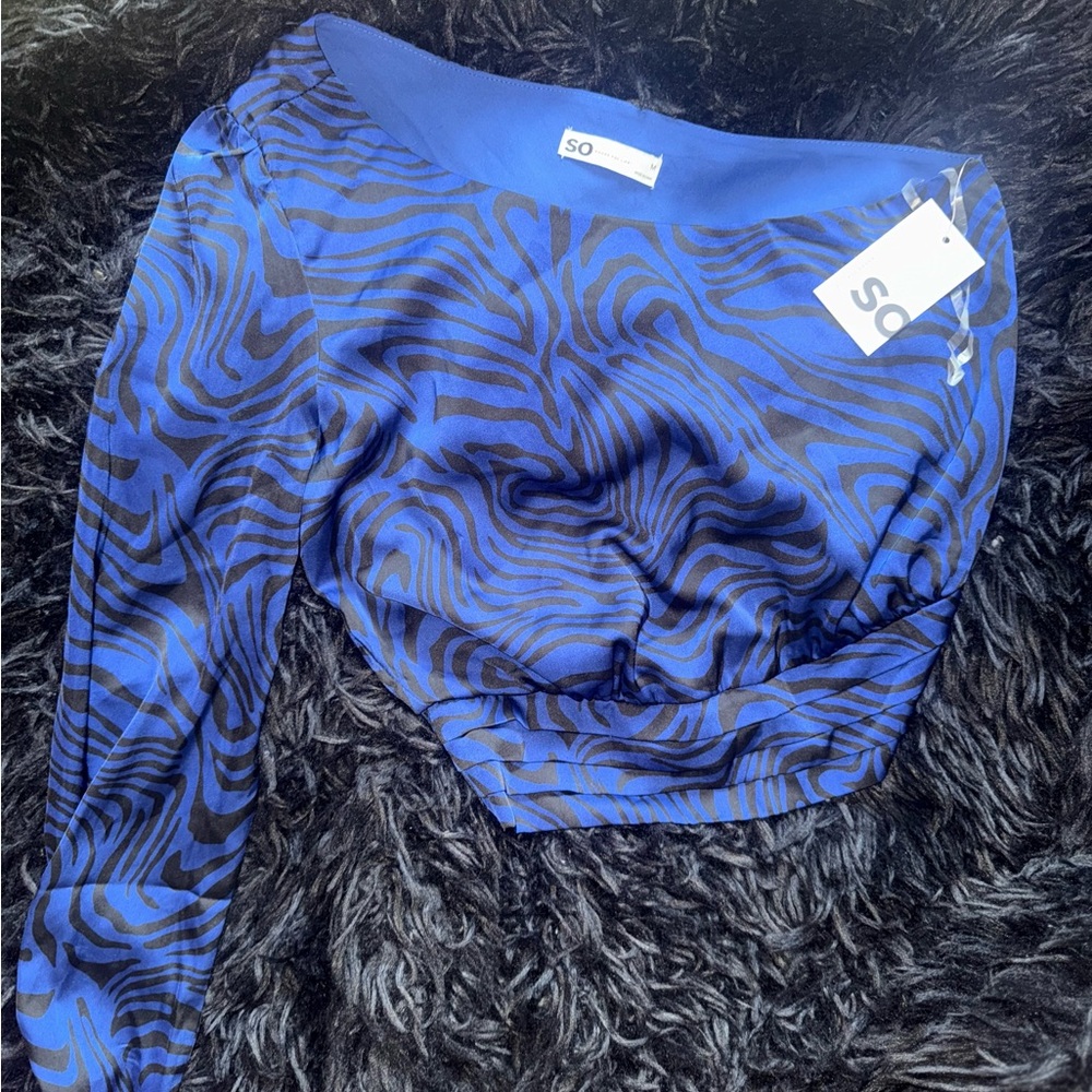 SO Vibrant Blue and Black Zebra Print One Shoulder Top